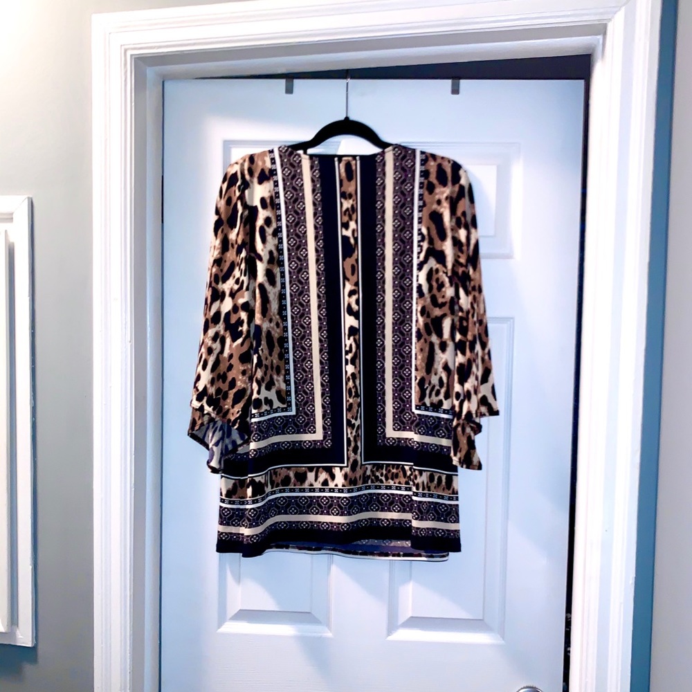 Alfani Leopard Print Blouse Beaded Neck Mixed Print Boho Top L - Picture 4 of 4